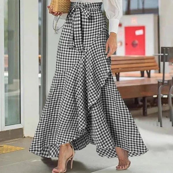Spring Autumn Women Long Skirt High Waist Lace-up Ruffle Trim Plaid Print Bow Tie Irregular Hem Maxi Skirt Female 2025 New