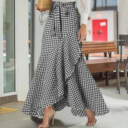 Spring Autumn Women Long Skirt High Waist Lace-up Ruffle Trim Plaid Print Bow Tie Irregular Hem Maxi Skirt Female 2025 New