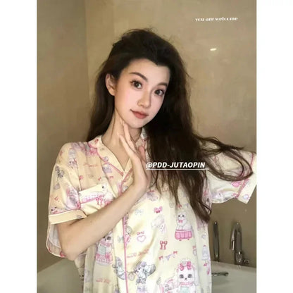 Plus Size Ins Cartoon Pajamas Set Korean Student Summer Internet Celebrity Girl Short Sleeve Shorts Thin Loose Home wear