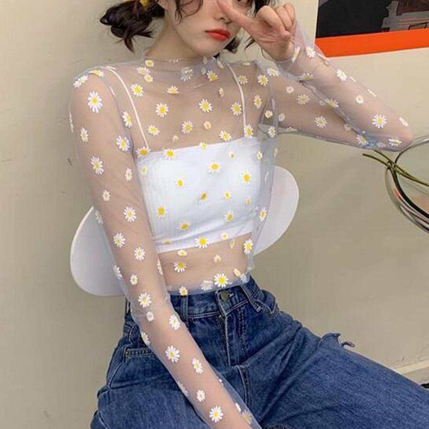 Women Daisy Flower Print Mesh Tops Long Sleeve Sheer Transparent Fishnet T Shirt Fashion Summer Sunscreen Tee 2025