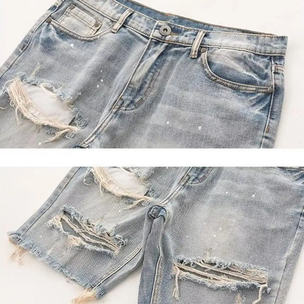 Ripped Holes Denim Shorts boy's Summer Distressed Denim Shorts Stylish Button Fly Multi-pocket Design Slim Fit for Youthful