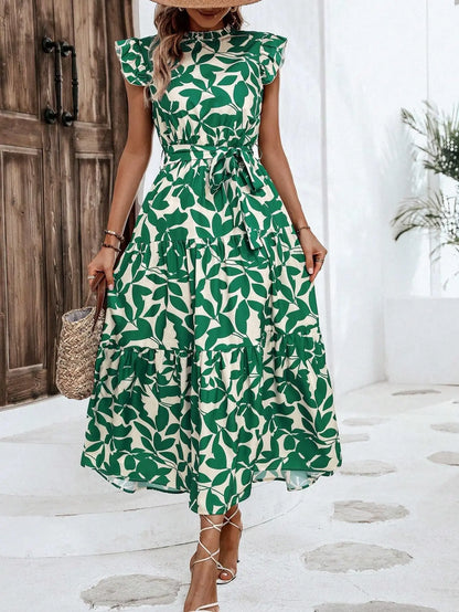 Elegant Women's Flower Midi Dress New Summer Fashion Stand Collar Flying Sleeve Lace Up Dress Casual Beach Holiday Dresses Robe
