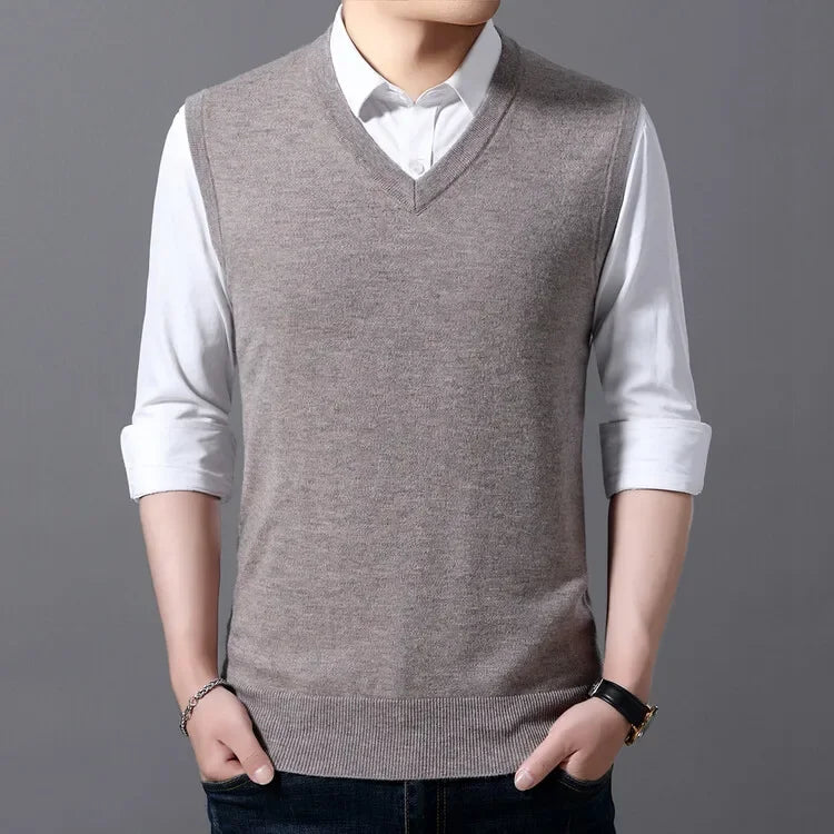 New Men's Autumn High-end Sweater Vest V-neck Warm Knit Sleeveless Men's Clothes Pullover Tops
