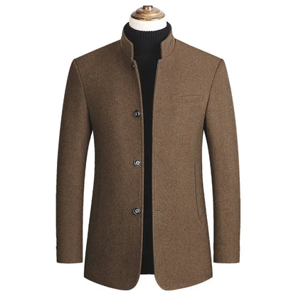 Men's Woolen Coat 2025 Autumn/Winter New Cotton Thickened Single Breasted Standing Collar Wool Blend Male Jacket