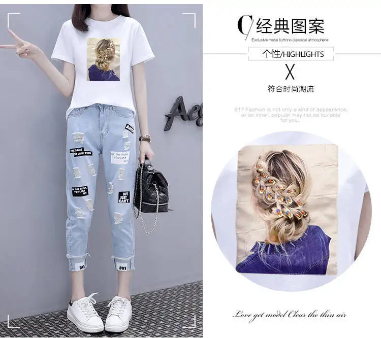 Cartoon Print Short Sleeve T-shirt Perforated Jeans Two Piece Elegant Women's Pants Set Summer Outfit Leisure Sports Suit