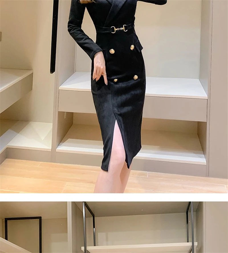 Office Lady Sexy Slim Blazer Dress Women Spring Korean Notched Collar Split Evening Party Dresses Elegant Midi Vestido De Fiest