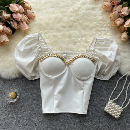 Belly Button Shirt Chic Chain Off Shoulder Expose Clavicle Tank Top Summer Puff Sleeve Crop Tops Women Elegant Sexy Slim Blouses