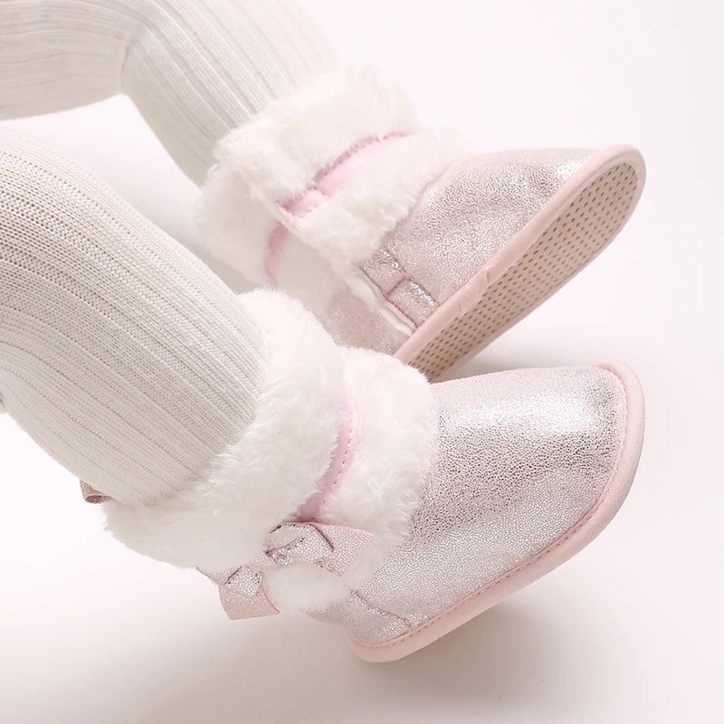 Suefunskry Newborn Baby Girl Winter Warm Plush Boots Shiny Flats with Cute Bows Casual Walking Shoes for Toddler Infant