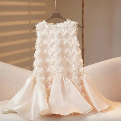 2025 Girls New High-end Dress Costumes Formal Clothes Beige Summer Matching Clothes White Short Sleeves Princess Party Wedding