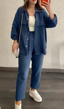 Summer outfits for women 2025 New Loose Button Long Sleeve Shirt and Cropped Pants Casual Sports Summer women's suit Pants Set