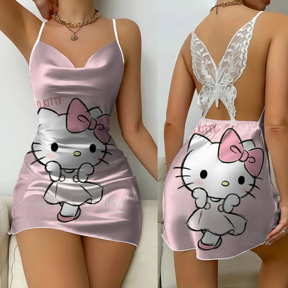 Mini Dress Pajama Skirt Hello Kitty Sexy Dresses Off Shoulder Bow Knot Satin Surface Women's Fashion Summer 2024 Short Party Lace