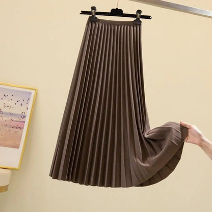 High Waist Pleated Skirt Elegant Women's Maxi Skirt with Elastic High Waist A-line Design Pleated Large Hem Solid Color for Work