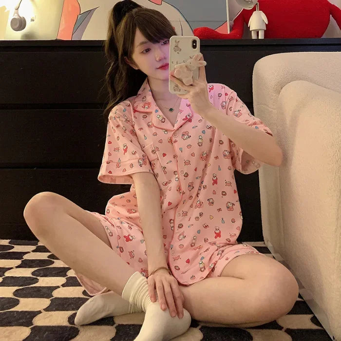 Plus Size Ins Cartoon Pajamas Set Korean Student Summer Internet Celebrity Girl Short Sleeve Shorts Thin Loose Home wear