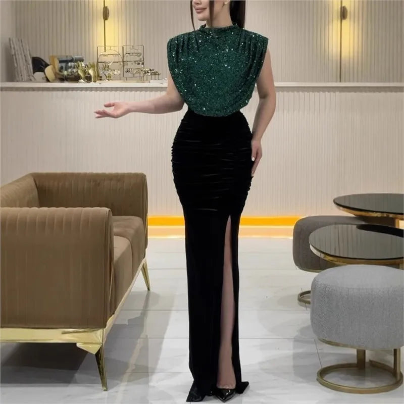 Lady Fashion Sleeveless Draped Split Dress Casual O Neck Sequin Splicing Party Dress 2025 New Year Elegant High Waist Long Dress
