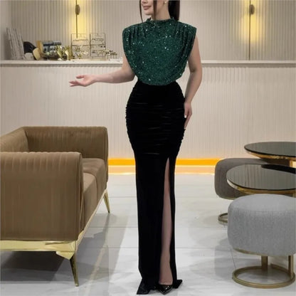Lady Fashion Sleeveless Draped Split Dress Casual O Neck Sequin Splicing Party Dress 2025 New Year Elegant High Waist Long Dress