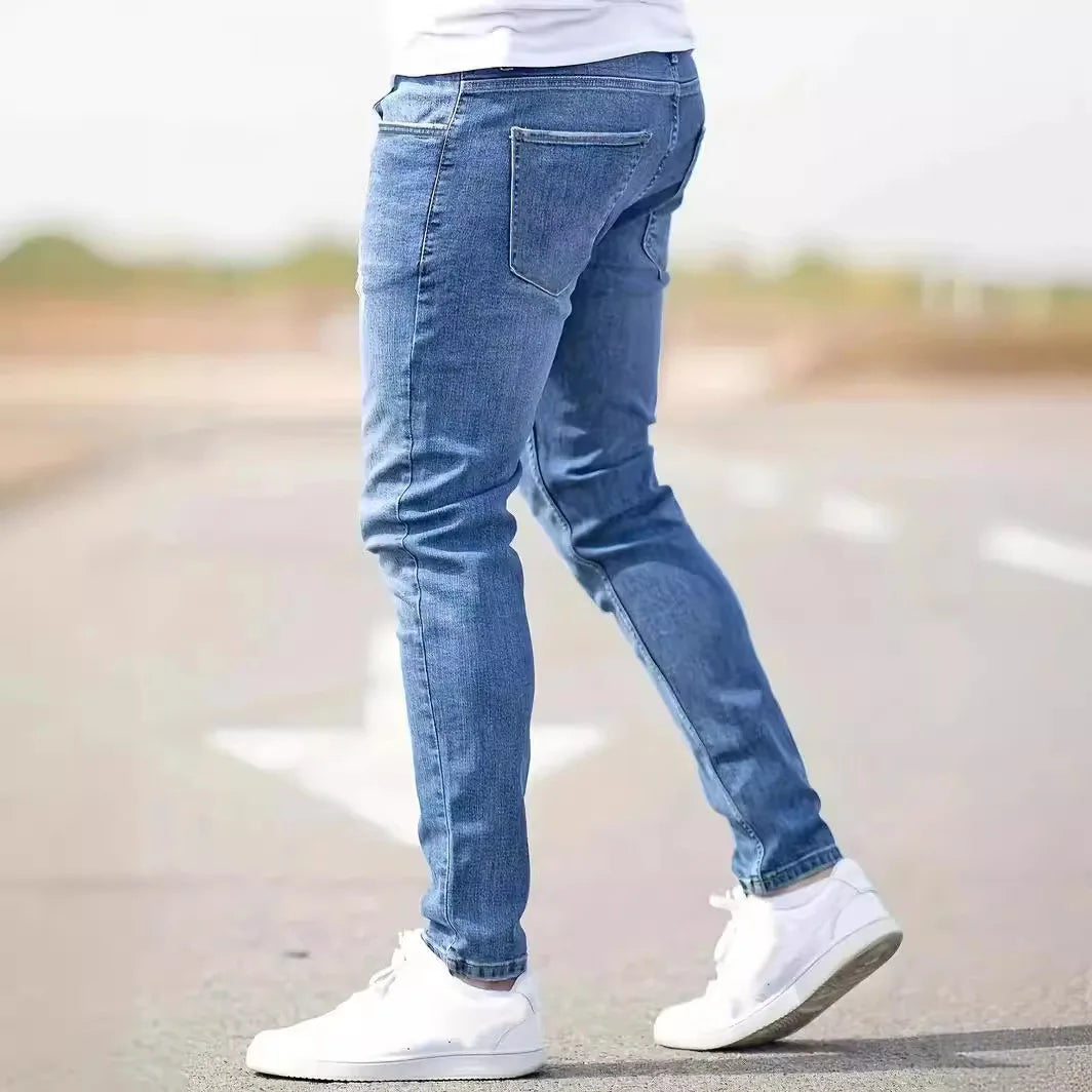 Distressed Men Jeans Denim Holes Skinny Vintage Wash Solid Pencil Pants 2025 Ankle Length Sheath Punk Style Pockets Slim