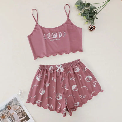 Summer Sleepwear Women Pajama Set Pink Black Moon and Planet Print Casual Camisole and Shorts Comfortable Suit Pajamas