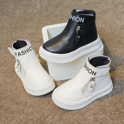 Children Fashion Boots Side Zipper Round-toe Kids Sport Boots Classic Solid Color Non-slip Boys Girls Leather Boots 2025 New