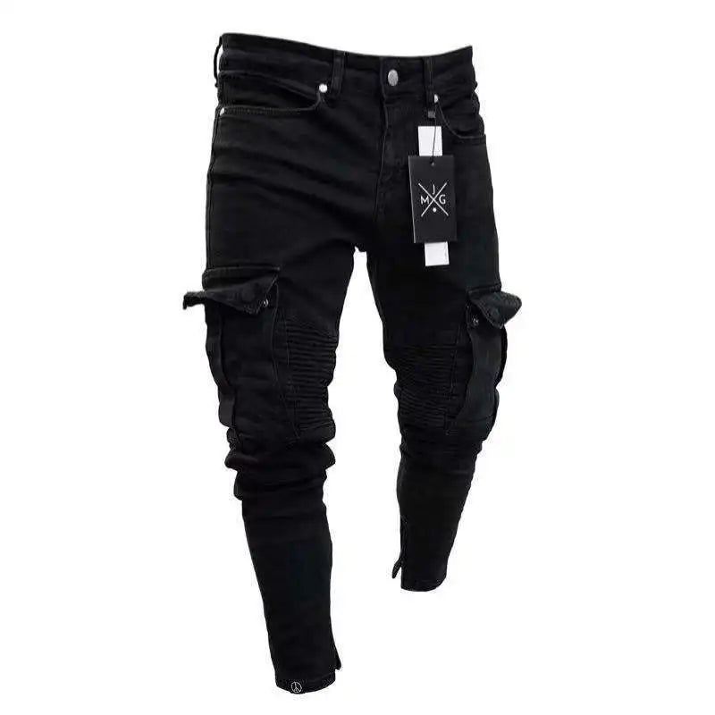 Jeans Men Pants Wash Solid Color Multi Pockets Denim Mid Waist Cargo Jeans Plus Size Fashion Casual Trousers Male Daily Wear