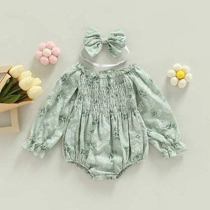 Tregren Infant Baby Girls Valentine's Day Romper Heart Print Long Sleeve Boat Neck Jumpsuits Spring Fall Bodysuits with Headband