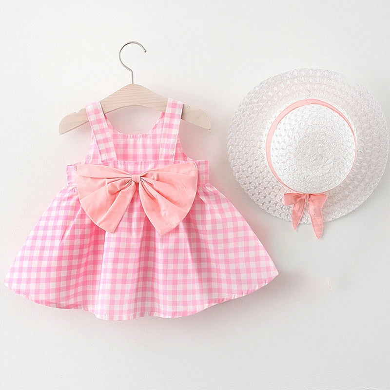New In Summer Baby Girl Clothes Korean Cute Bow Dot Sleeveless Cotton Princess Dress+ Sunhat Toddler Dresses Sets BC007-1