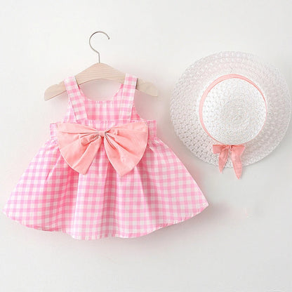 New In Summer Baby Girl Clothes Korean Cute Bow Dot Sleeveless Cotton Princess Dress+ Sunhat Toddler Dresses Sets BC007-1