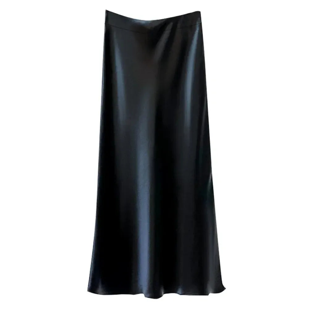 2025 Black Satin Skirt Women High Waist Elegant Long Skirts Street Fashion Summer Midi Skirt Office Slim Sexy Vintage Skirts