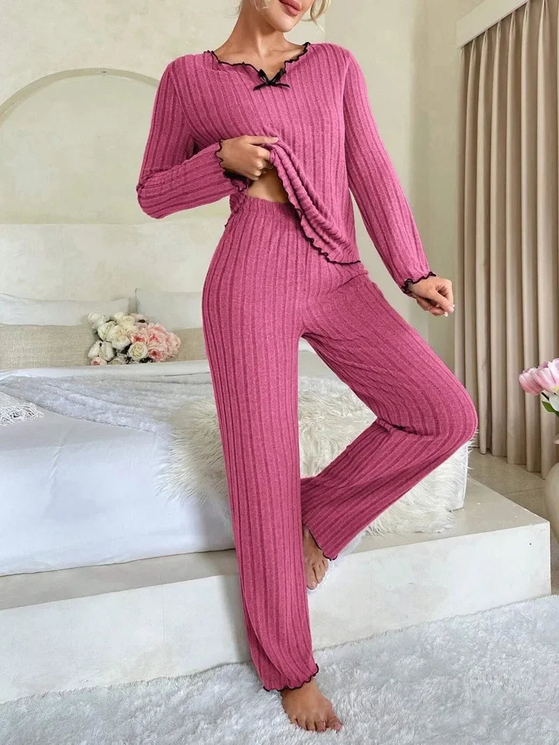 Women Autumn Winter Sleepwear Ribbed Pajamas Set Long Sleeve Top and Long Pants 2 Piece Set Casual Home wear Loungewear
