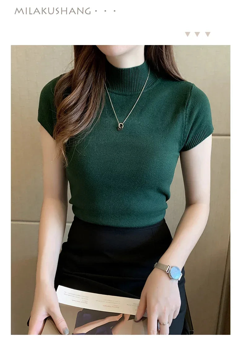 Fashion Woman Blouses 2025 Short Sleeve Summer Tops Blouse Women Turtleneck Knitted Blouse Shirt Women's Tops And Blouses
