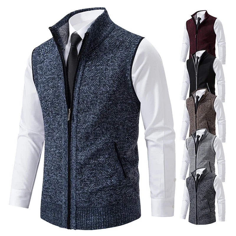 Vest Men Knitted Sleeveless Sweater Jacket Wool Velvet Zipper Cardigan Turn-down Pullovers Turtleneck Sweater coat Knit Waistcoat