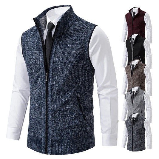 Vest Men Knitted Sleeveless Sweater Jacket Wool Velvet Zipper Cardigan Turn-down Pullovers Turtleneck Sweater coat Knit Waistcoat