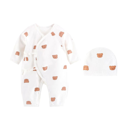 Breathable Newborn Bear Jumpsuit Hospital Hat Spring Outfit Long Sleeves Bodysuits for Baby Girls Boys Unisex Coveralls A2UB