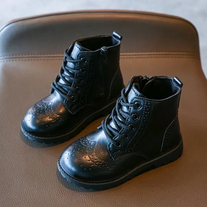 Kids Casual Boots PU Leather Black Zipper for Boys Girls Cross-tied Children Ankle High Boots Anti-skid Round Toes Soft Quality