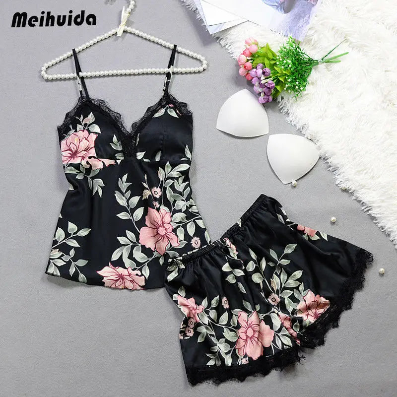 2pcs Floral Lingerie Set Women's Silk Satin Lace Vest Shorts Sleepwear Baby doll Lingerie Nightdress Pajamas Set
