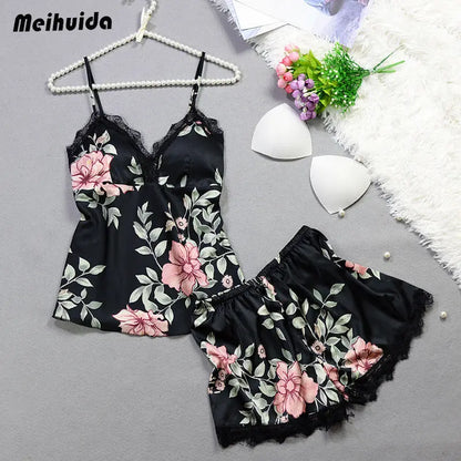 2pcs Floral Lingerie Set Women's Silk Satin Lace Vest Shorts Sleepwear Baby doll Lingerie Nightdress Pajamas Set