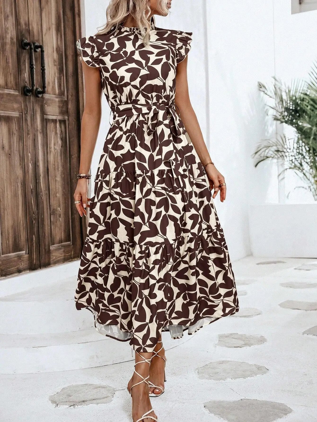 Elegant Women's Flower Midi Dress New Summer Fashion Stand Collar Flying Sleeve Lace Up Dress Casual Beach Holiday Dresses Robe