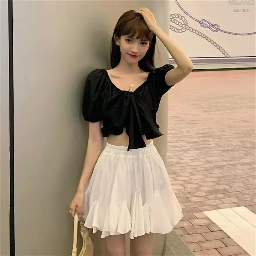 Fashion Summer New Ruffled Skirt Elastic Waist Thin Women A-line Pleated Puffy Preppy Style Solid Color Simple Casual Korean