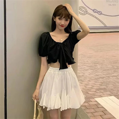 Fashion Summer New Ruffled Skirt Elastic Waist Thin Women A-line Pleated Puffy Preppy Style Solid Color Simple Casual Korean
