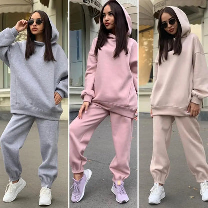 2 Pcs/Set Chic Two Pieces Set Winter Hoodie Pants Set Solid Color Casual Deep Crotch Autumn Tracksuit Keep Warm