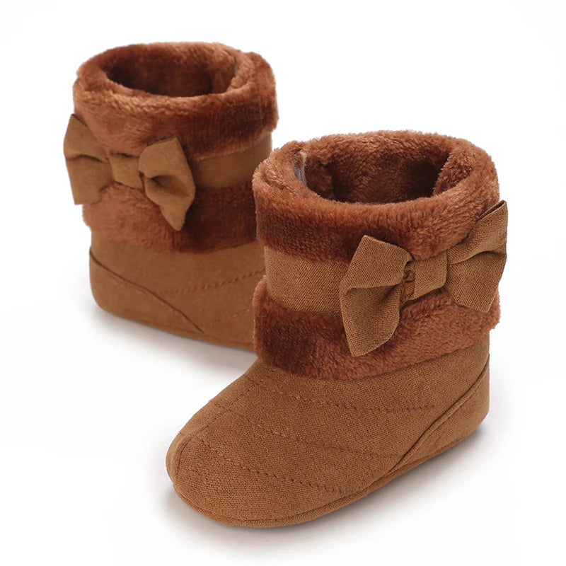 Cute Bowknot Comfortable Boots For Baby Girls Soft Warm Plus Fleece Boots For Indoor Walking Autumn And Winter