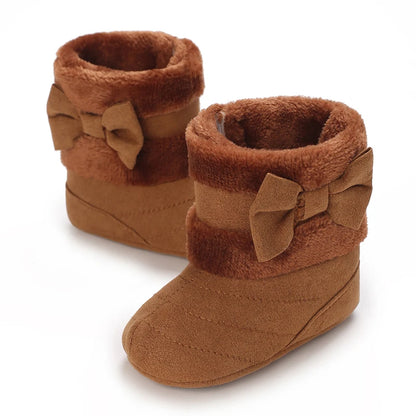 Cute Bowknot Comfortable Boots For Baby Girls Soft Warm Plus Fleece Boots For Indoor Walking Autumn And Winter