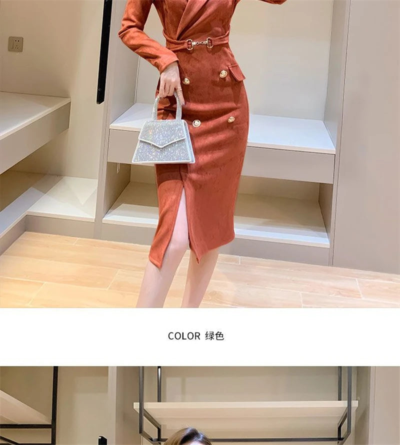 Office Lady Sexy Slim Blazer Dress Women Spring Korean Notched Collar Split Evening Party Dresses Elegant Midi Vestido De Fiest