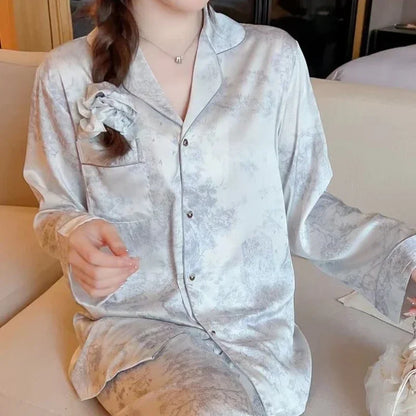 M-5XL Loose Brand Women Pajamas Set Luxury Sleepwear Print Smooth Faux Silk Pajama Set Home Clothe Nightclothes Summer Outfits