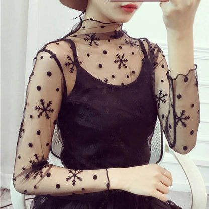 Women Daisy Print Lace Sheer Tops Sexy Tees Long Sleeve Thin Mesh Shirts Fashion Ladies Top 2025 Summer Sunscreen Blouse