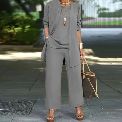 Casual O Neck Vest Cardigan Three Piece Set Elegant Solid Color Loose Pants Outfit Autumn Winter Fashion Women Long Sleeved Suit