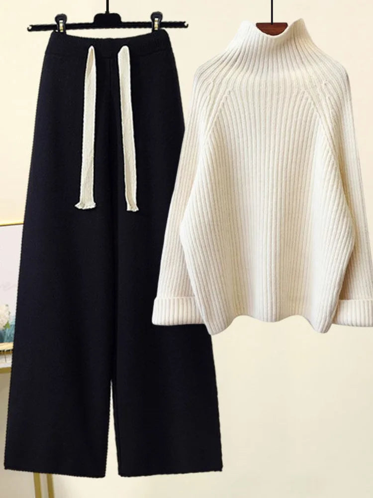 Winter Warm Knit wears Sets For Women Turtleneck Long Sleeve Pullover Sweater+ high Waist Wide Leg Drawstring Knitted Pants Sets