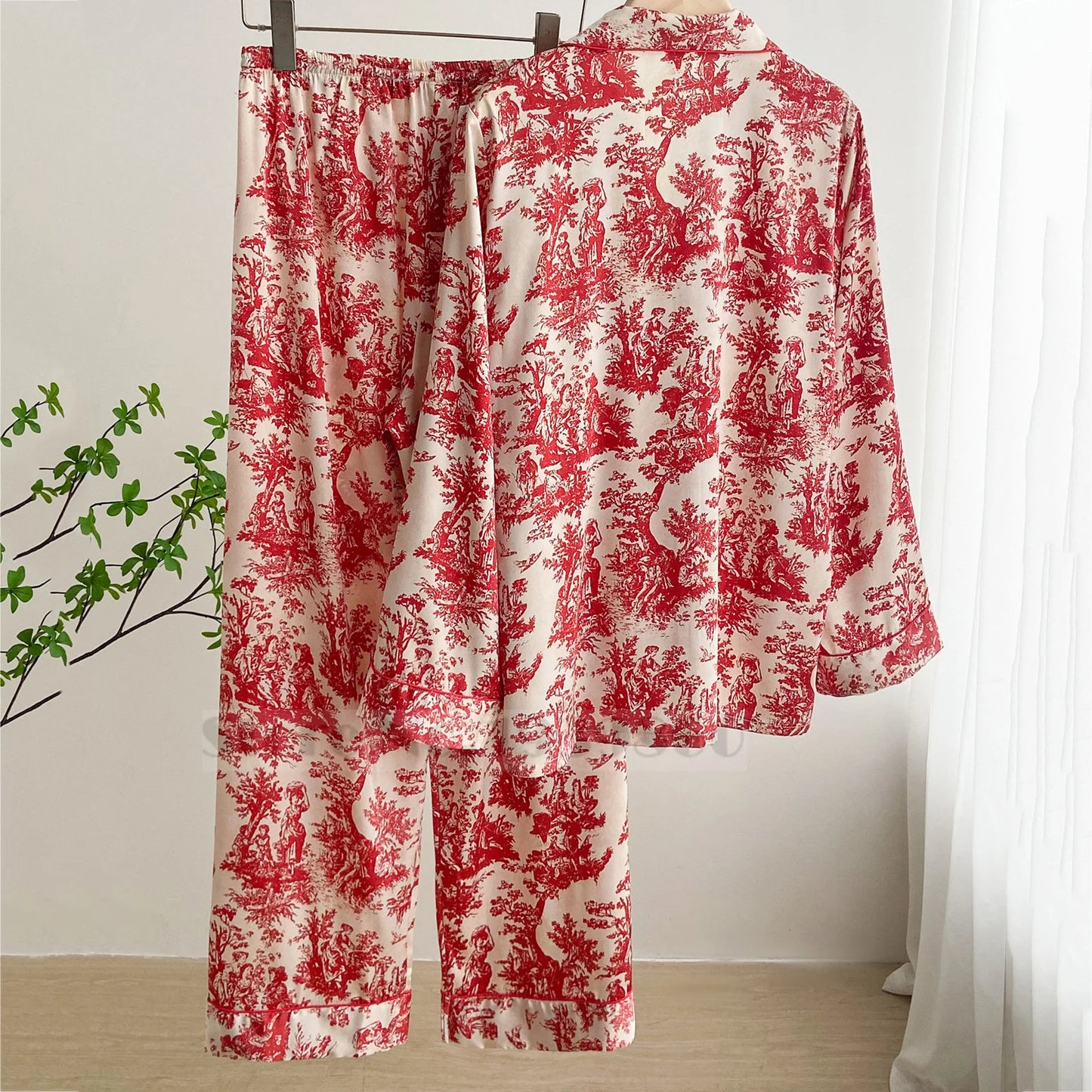 Fashion Print Flower 2PCS Pajamas Set Women Sleepwear Spring Summer Trouser Suits Lounge Wear Loose Satin Home wear Pajamas Suit