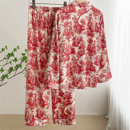 Fashion Print Flower 2PCS Pajamas Set Women Sleepwear Spring Summer Trouser Suits Lounge Wear Loose Satin Home wear Pajamas Suit