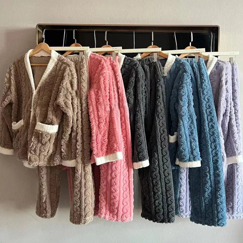 2pcs/Set Autumn And Winter Pajamas Women Thickened Padded Warm Students Coral Girls Clot Velvet Suit Home wear Cardigan Trousers