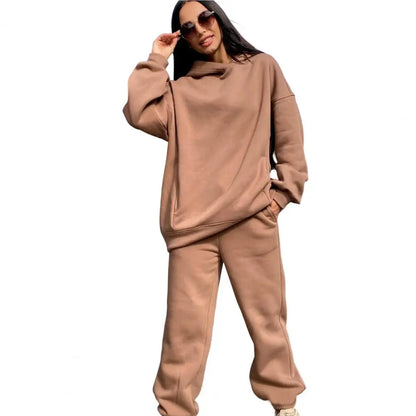 2 Pcs/Set Chic Two Pieces Set Winter Hoodie Pants Set Solid Color Casual Deep Crotch Autumn Tracksuit Keep Warm